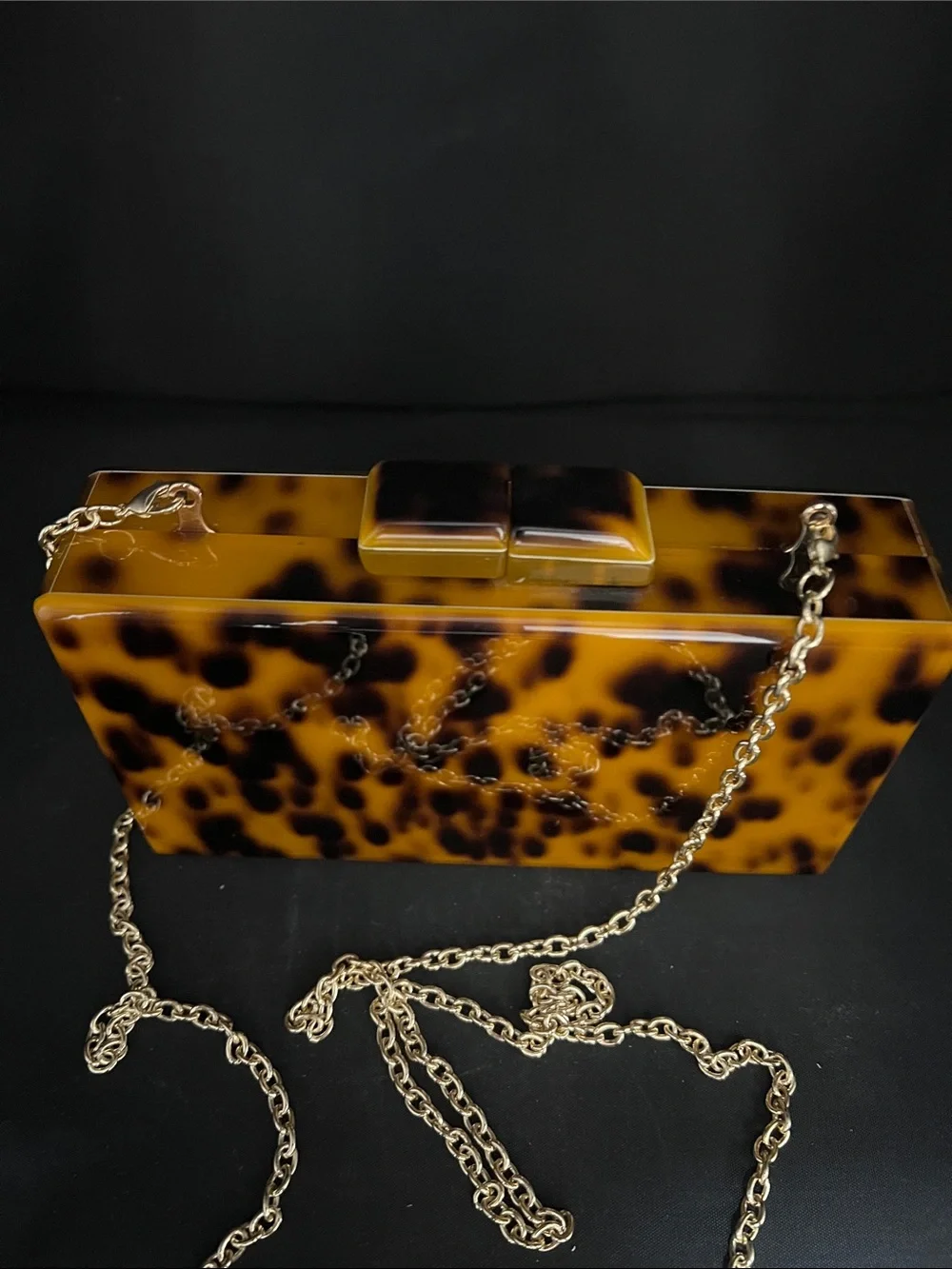 Tortoiseshell Box Clutch with Gold Chain Strap